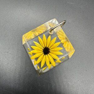Vintage Carved Lucite Pendant Key Ring Yellow Daisy Flower Power 1970s Retro